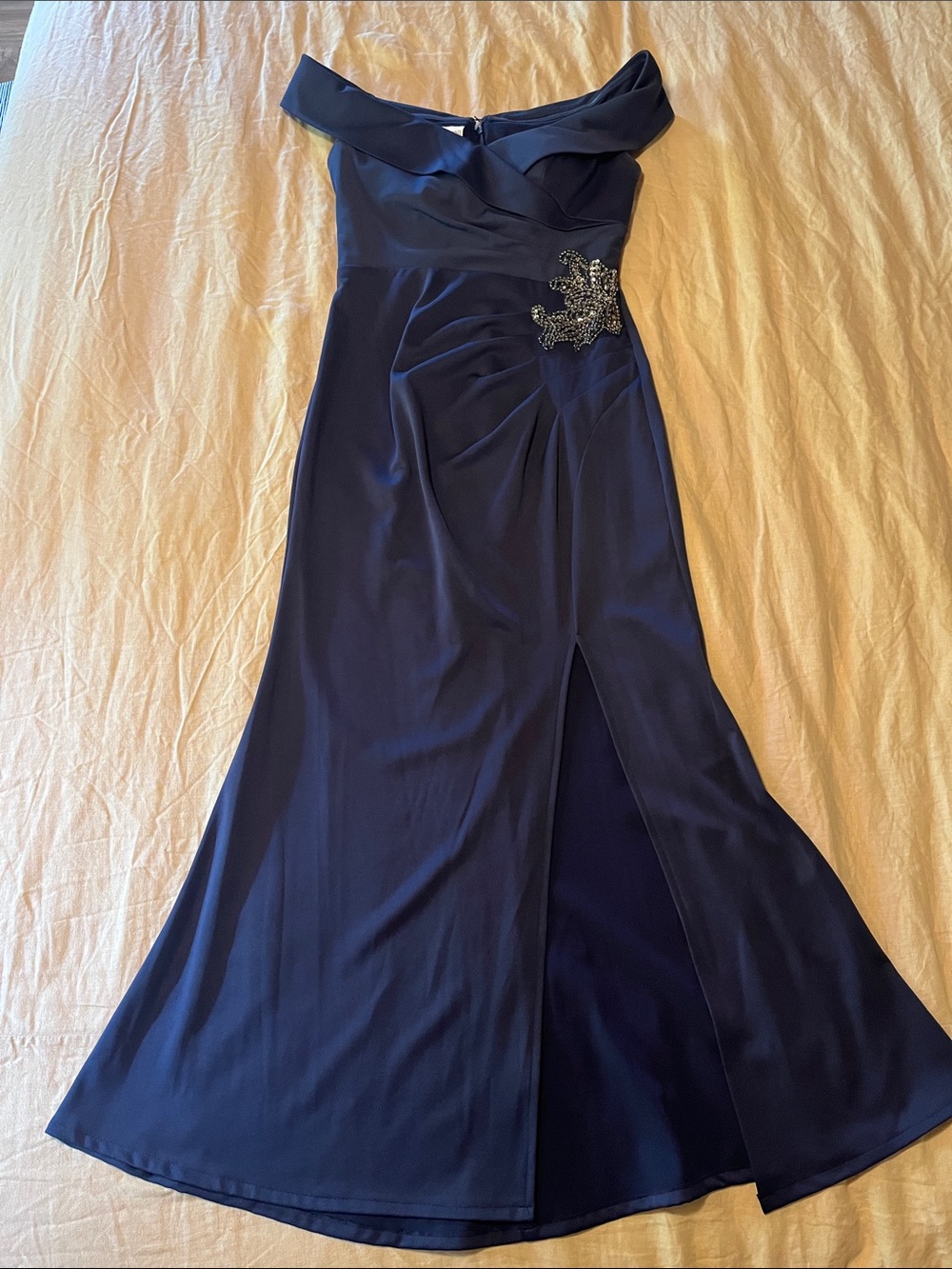 Oleg Cassini Navy Off-Shoulder gown with Beaded Applique - Picture 7 of 8